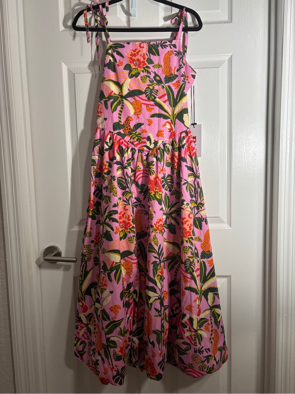 Tulip Pink Tropical Jungle Maxi Dress Cotton Blend Tie Shoulder NWT M